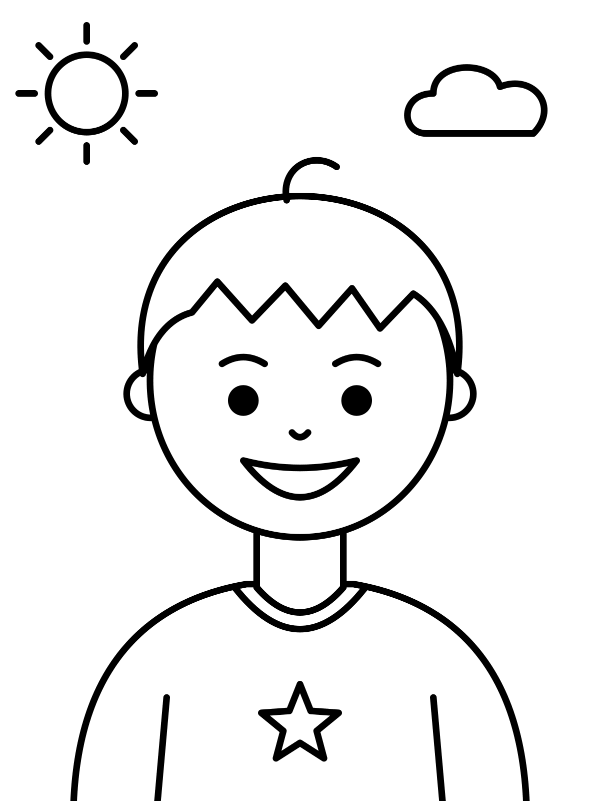 Boy Portrait Coloring Page — Free Printable Line art coloring page of a smiling boy with short hair and a star on his shirt, printable on A4 or Letter