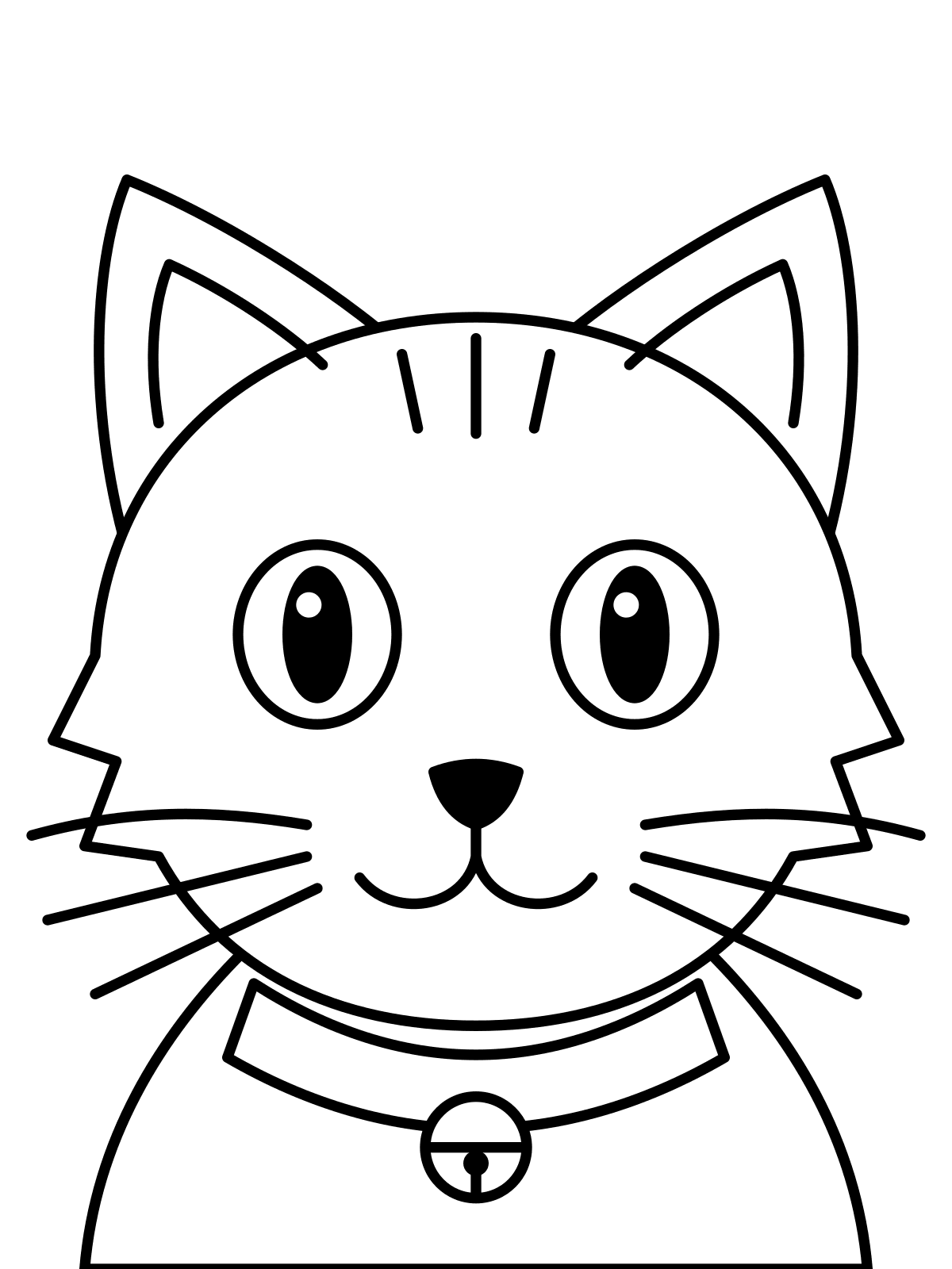 Cat Face Coloring Page — Free Printable Line art coloring page of a close-up cat face with whiskers and a collar bell, printable on A4 or Letter