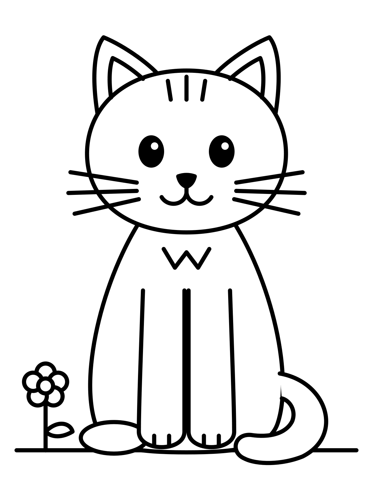 Line art coloring page of a sitting cat with its tail curled around its paws, printable on A4 or Letter