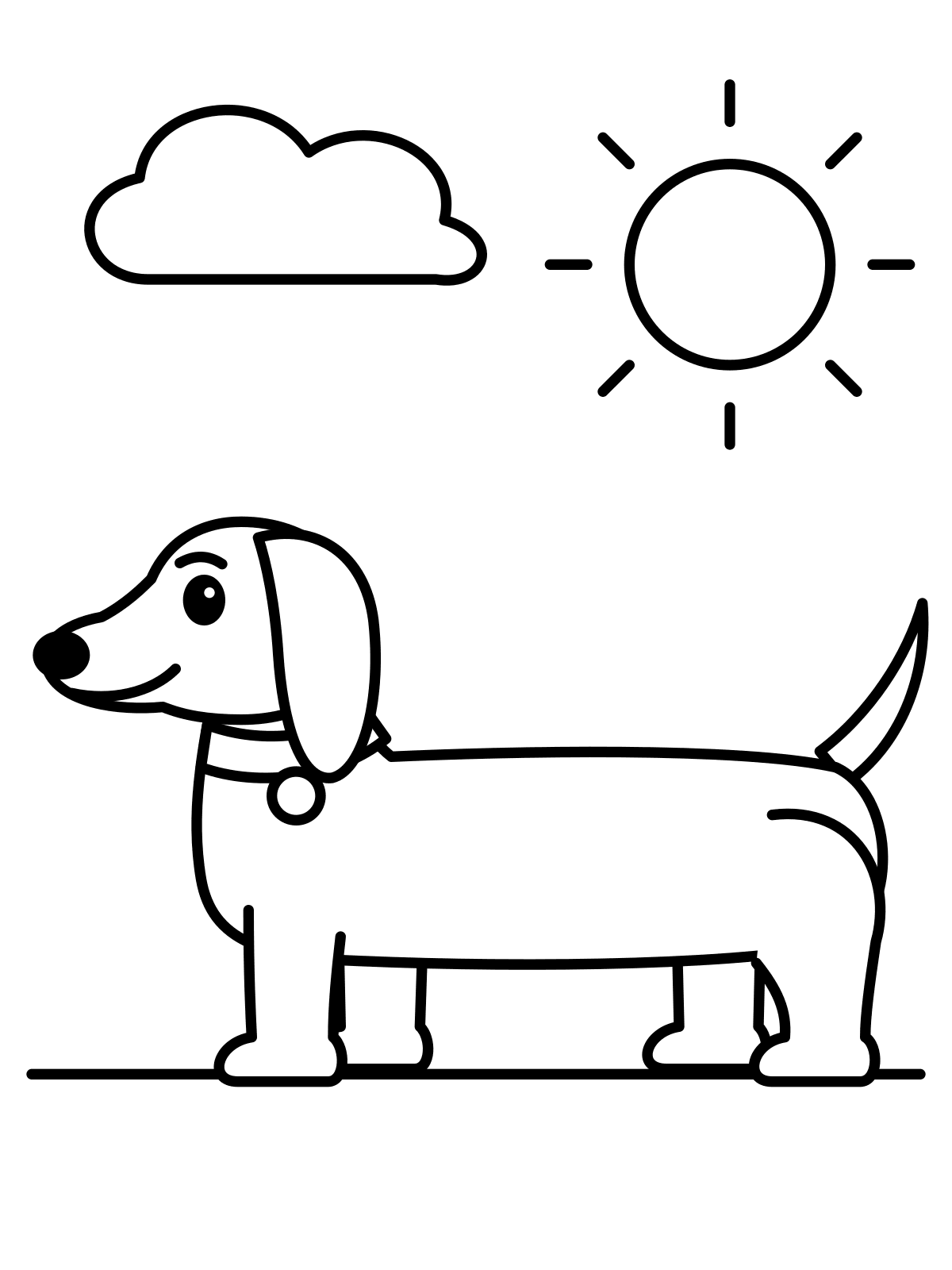 Dachshund Coloring Page — Free Printable Line art coloring page of a side view of a long dachshund under a cloud and sun, printable on A4 or Letter