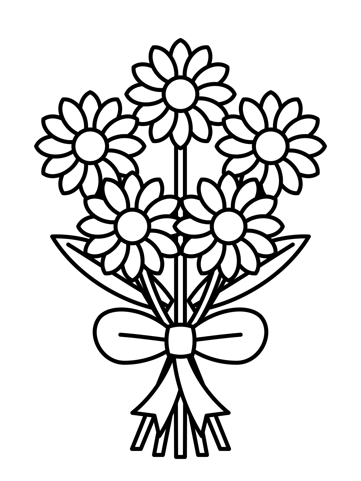 Daisy Bouquet Coloring Page — Free Printable Line art coloring page of a bouquet of daisies tied with a bow, printable on A4 or Letter