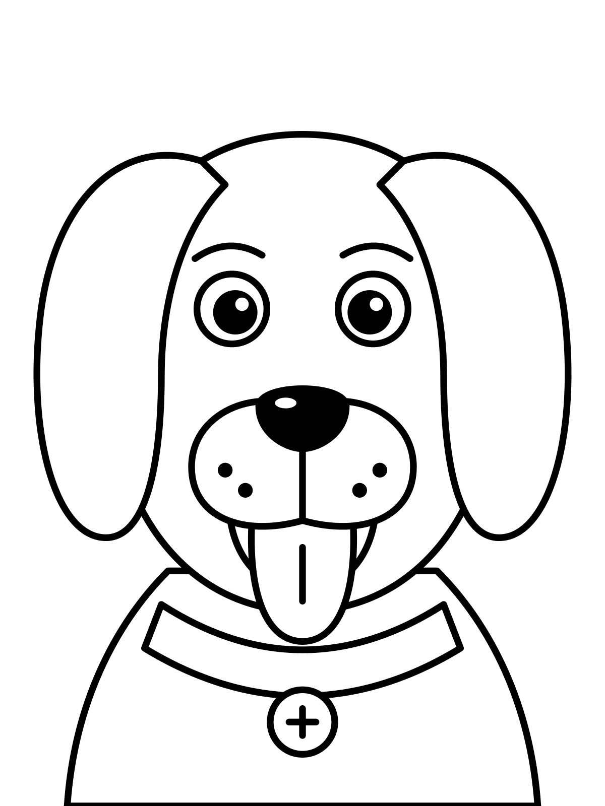 Line art coloring page of a close-up happy dog face with its tongue out, printable on A4 or Letter