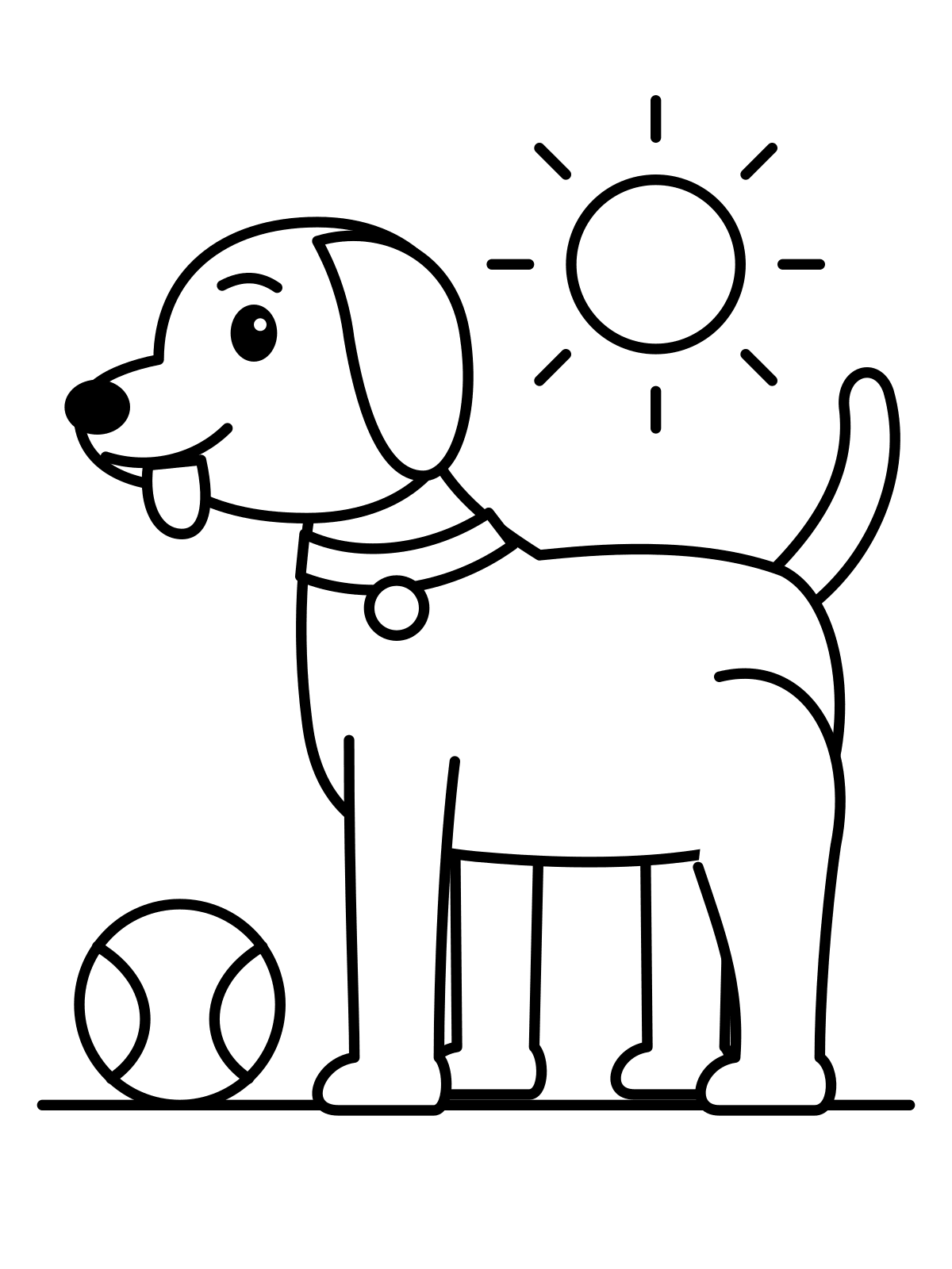 Dog with a Ball Coloring Page — Free Printable Line art coloring page of a dog standing next to a ball on a sunny day, printable on A4 or Letter