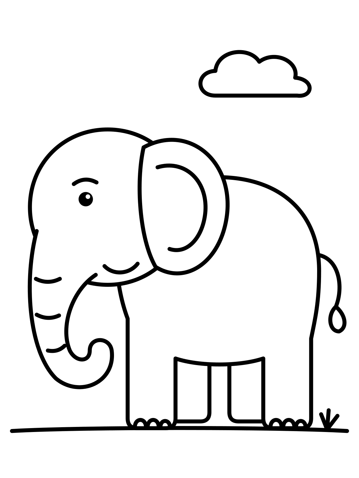 Baby Elephant Coloring Page — Free Printable Line art coloring page of a baby elephant seen from the side, printable on A4 or Letter
