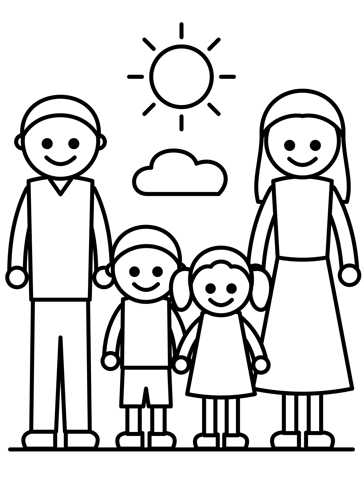 Line art coloring page of two parents and two children standing together, printable on A4 or Letter