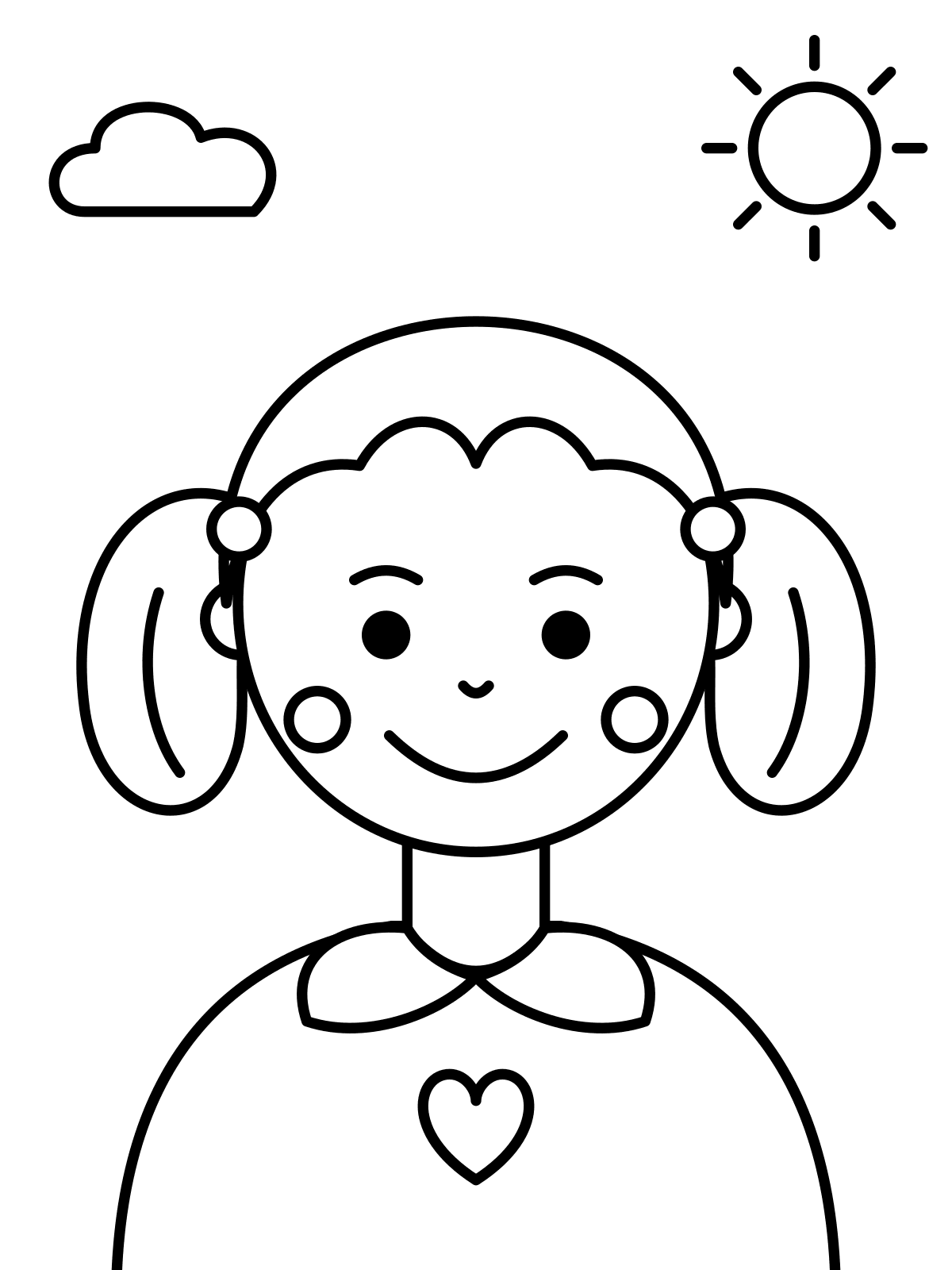 Line art coloring page of a smiling girl with pigtails, printable on A4 or Letter
