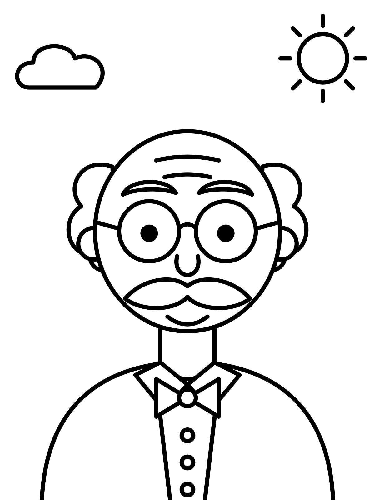 Grandpa Portrait Coloring Page — Free Printable Line art coloring page of a grandfather with round glasses, a moustache and a bow tie, printable on A4 or Letter