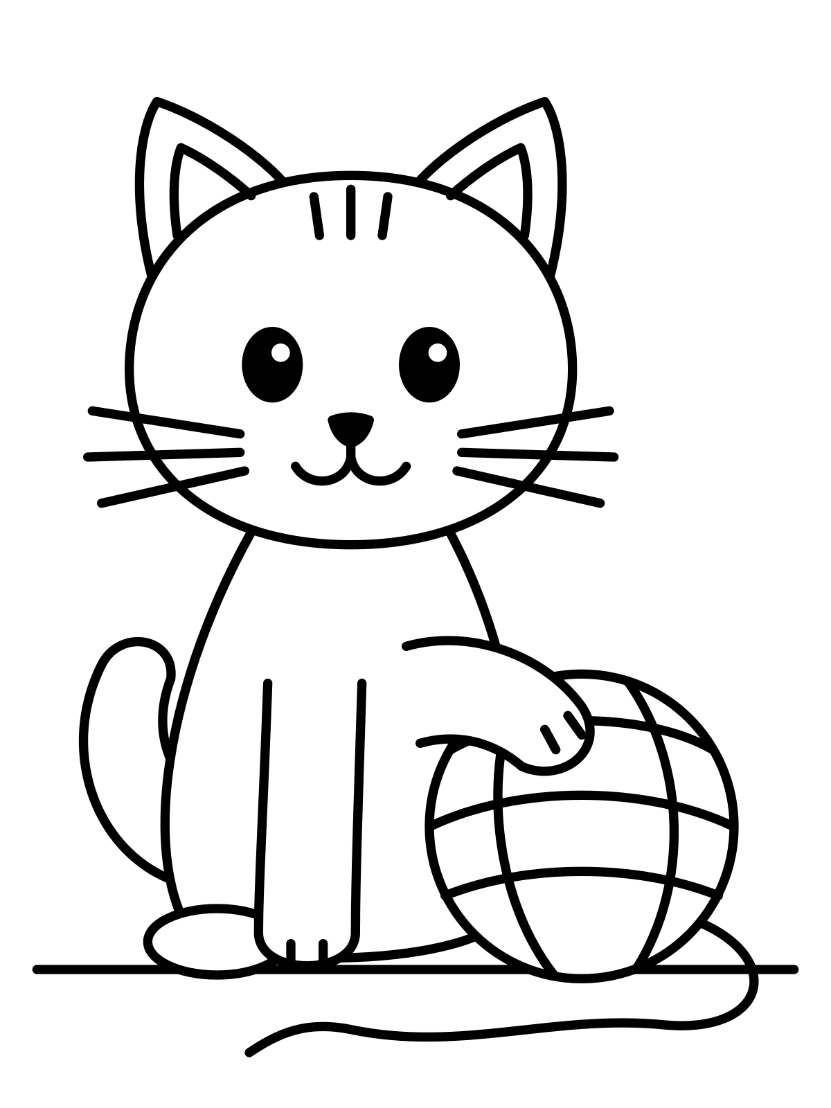 Line art coloring page of a kitten resting a paw on a ball of yarn, printable on A4 or Letter