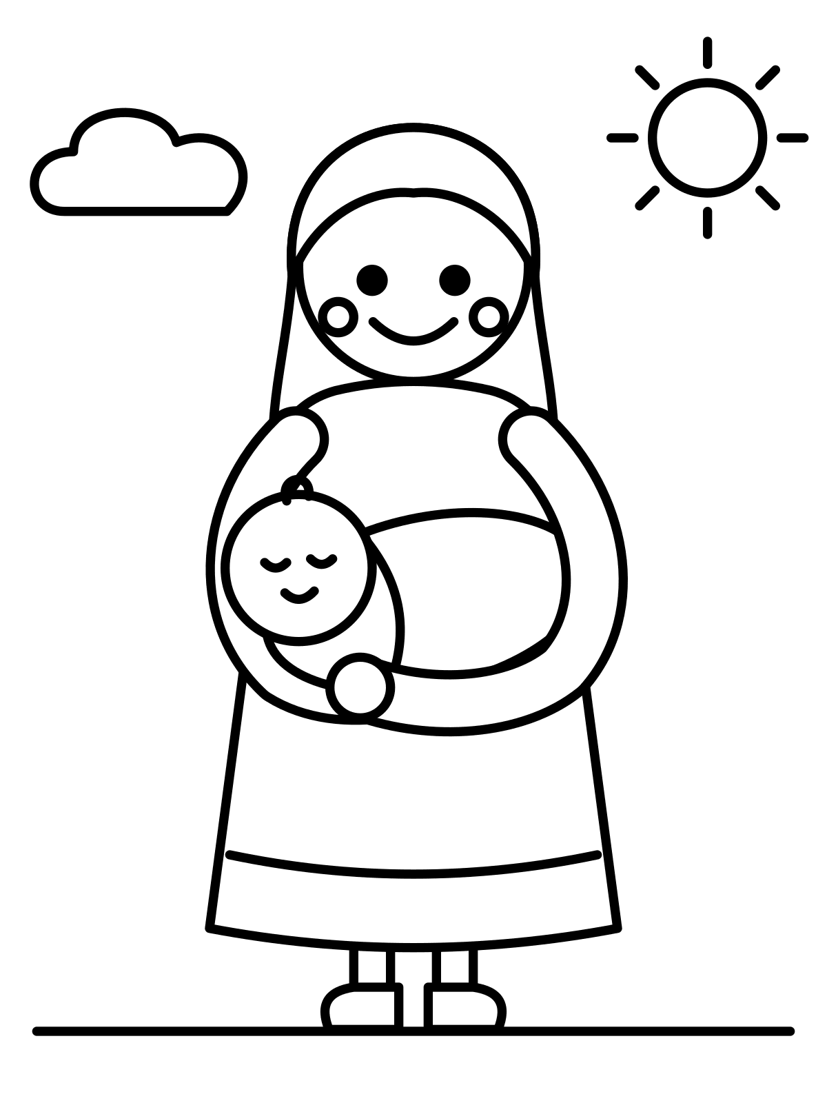 Mother and Baby Coloring Page — Free Printable Line art coloring page of a mother holding a swaddled baby, printable on A4 or Letter