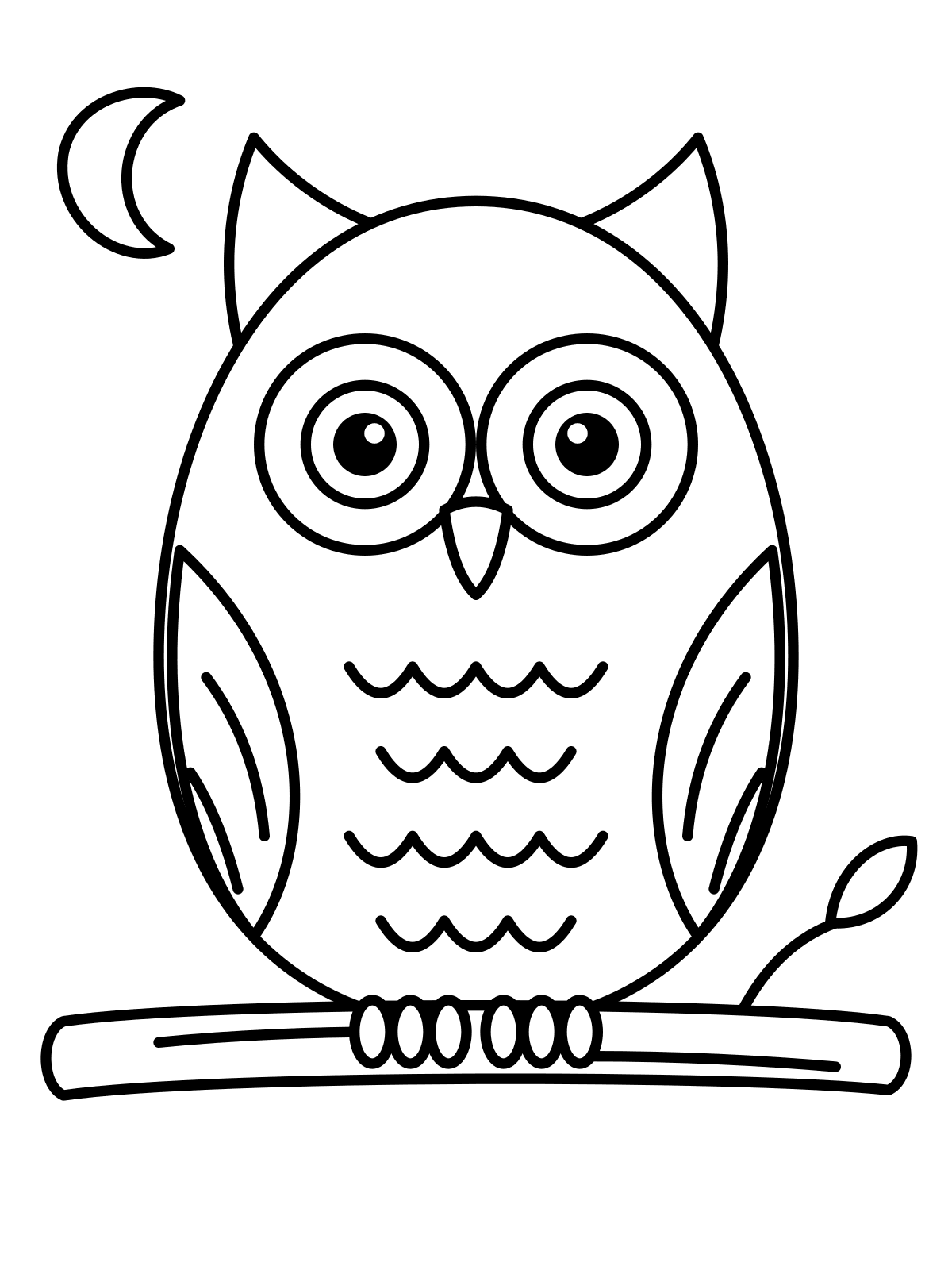 Owl Coloring Page — Free Printable Line art coloring page of an owl perched on a branch under a crescent moon, printable on A4 or Letter