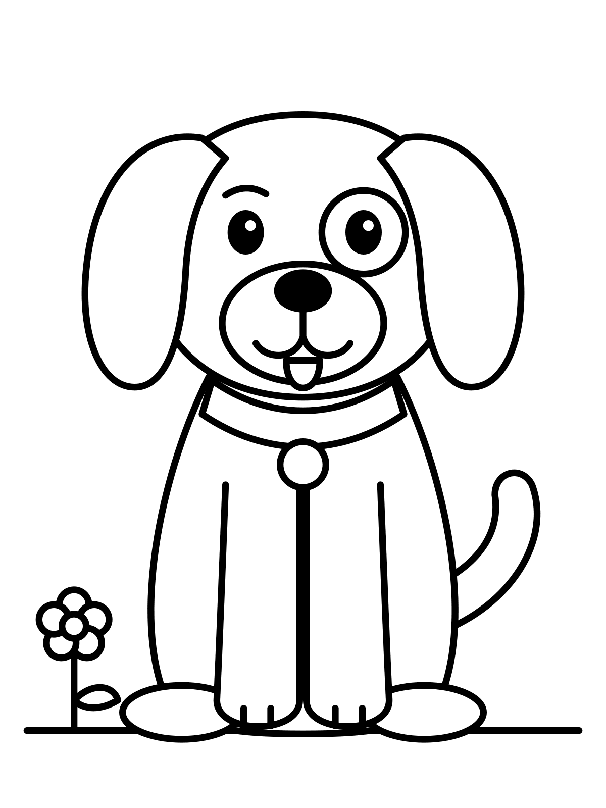 Line art coloring page of a sitting puppy with floppy ears and an eye patch, printable on A4 or Letter