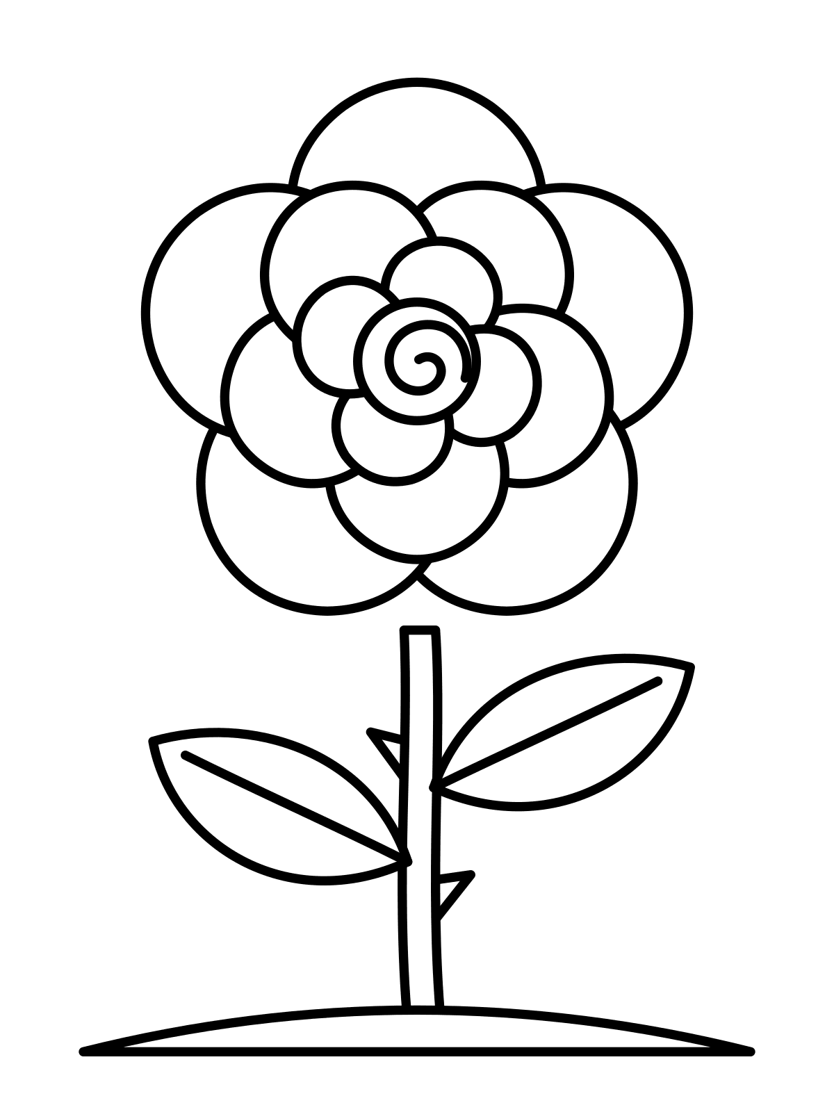 Rose Coloring Page — Free Printable Line art coloring page of a layered rose bloom on a thorned stem with leaves, printable on A4 or Letter