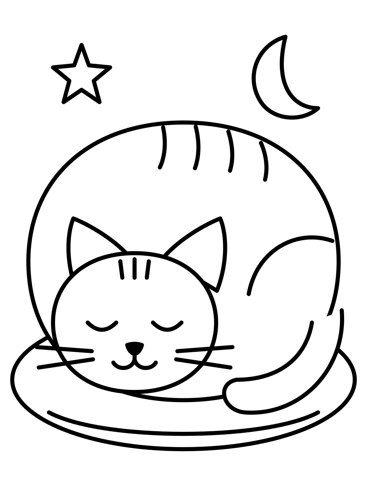 Sleeping Cat Coloring Page — Free Printable Line art coloring page of a striped cat curled up asleep under the moon, printable on A4 or Letter