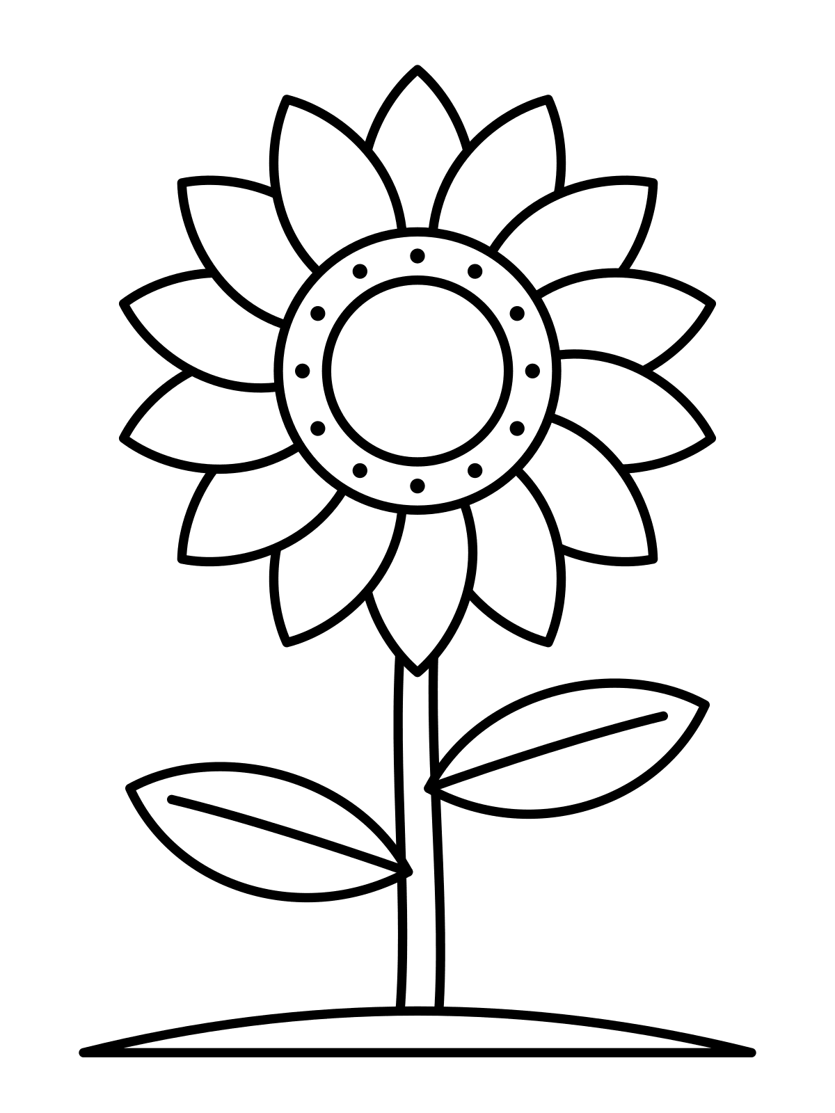 Line art coloring page of a large sunflower with a stem and two leaves, printable on A4 or Letter