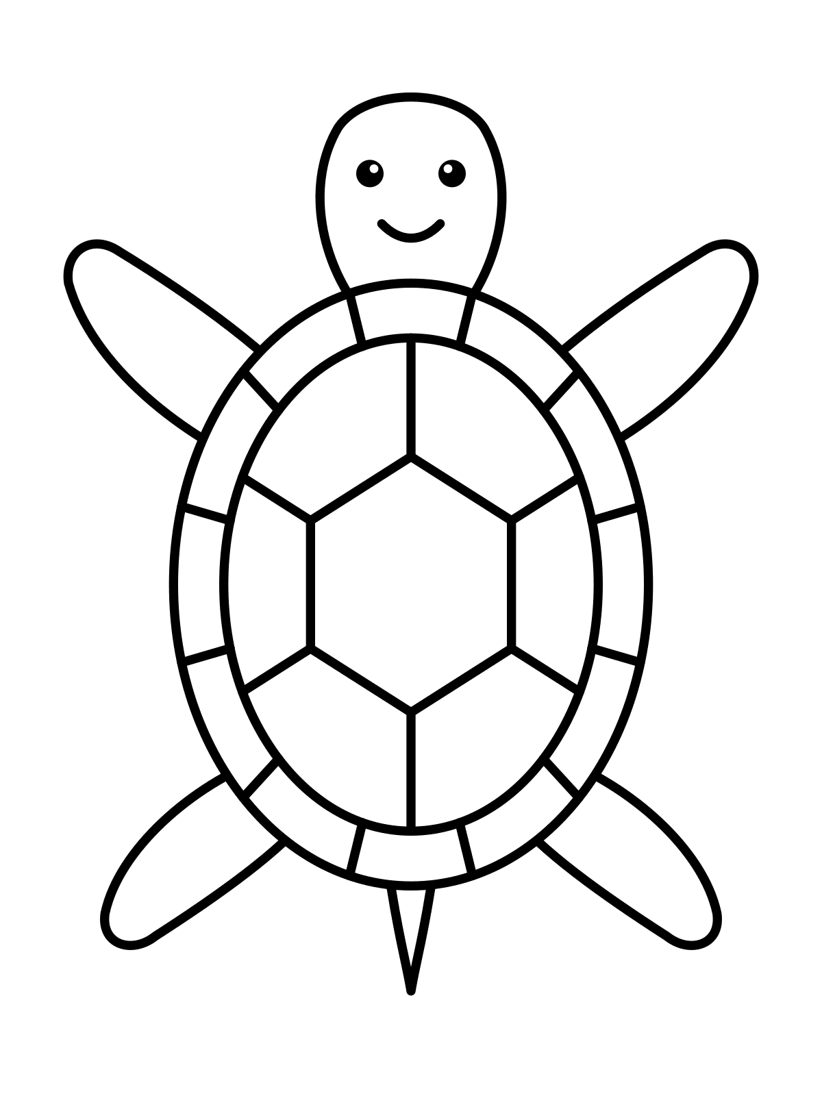 Turtle Coloring Page — Free Printable Line art coloring page of a turtle with a patterned shell seen from above, printable on A4 or Letter